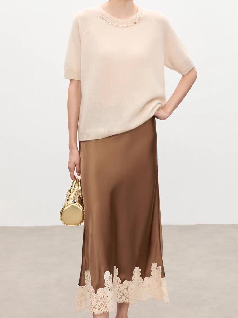 Elegancka damska długa spódnica z koronkowymi wstawkami z acetatu – 2026 Modny, przylegający do bioder design