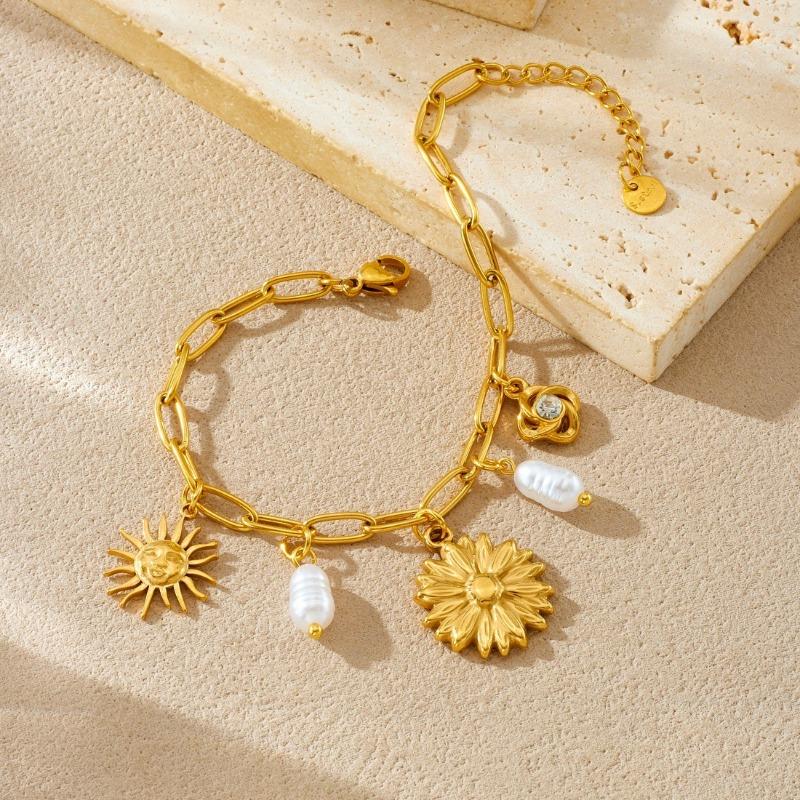 Gold Sunflower Sun Charm Bracelet with Pearl