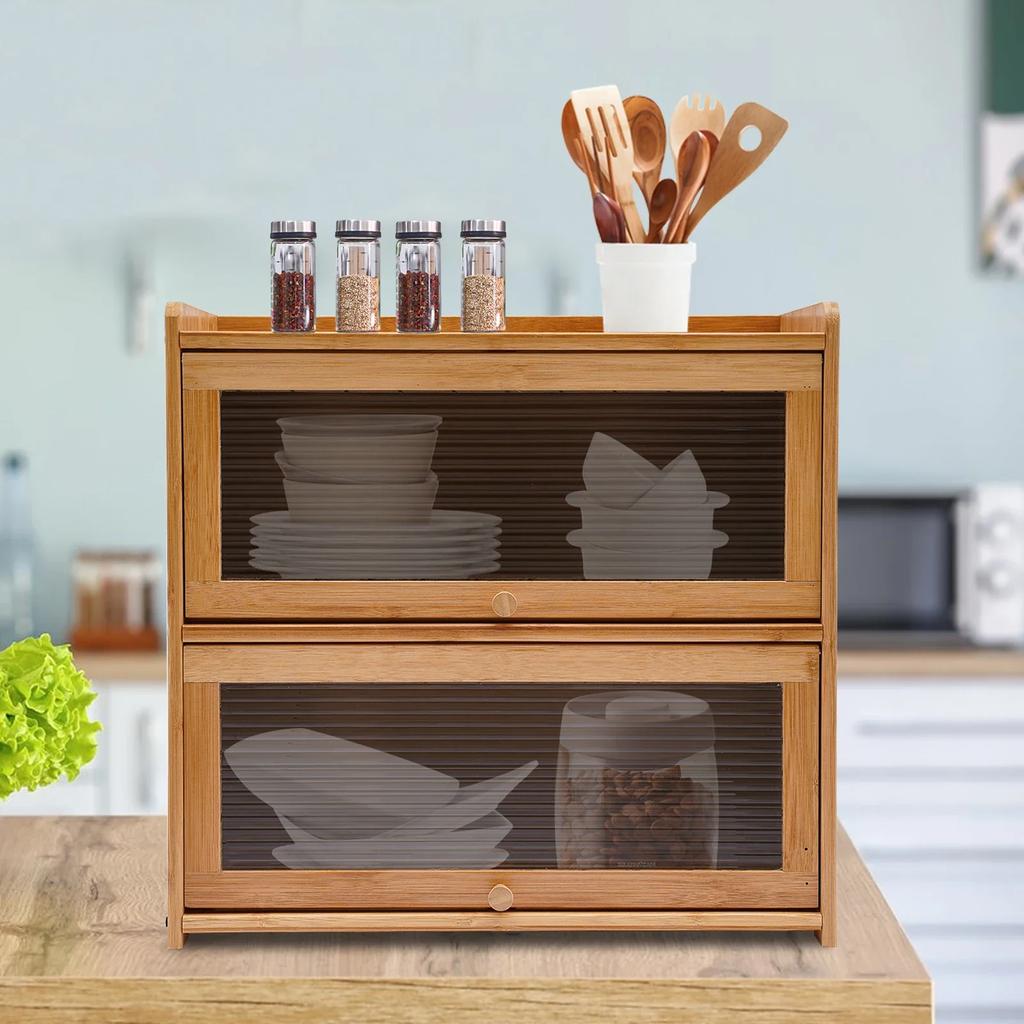 Bymoacar Wooden 2-layer Storage Box 20.5*9.8*7.9 in, Fully Sealed Tabletop Bamboo Cabinet W/ Handle for Kitchen, Bedroom & Study