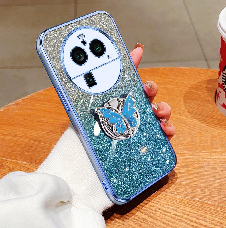 Applicable oppoFINDX7 mobile phone case A3Pro electroplating a57 glitter gradual change A78 butterfly bracket k12 protective case