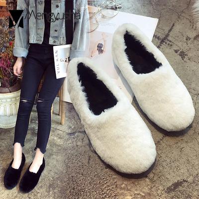 Fashion Winter Cotton Moccasins Women Solid Shallow Plush Flats Cozy Fur Flats Espadrilles Soft Bottom Furry Ballerina Ladies Shoes 2024