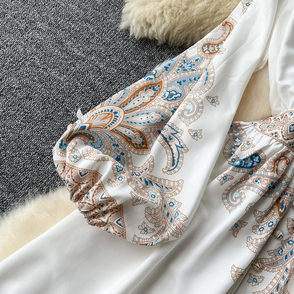 Francouzské retro elegantní dlouhé šaty dámské ve společenském stylu s potiskem paisley dámské Dlouhé šaty do V s výstřihem do V