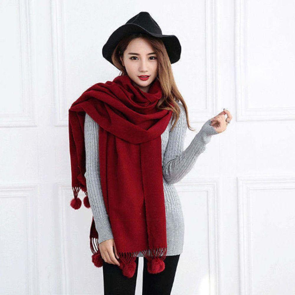 Oversized Rabbit Fur Pom Pom Scarf Solid Color Oversized Pashmina Poncho Outdoor Wear