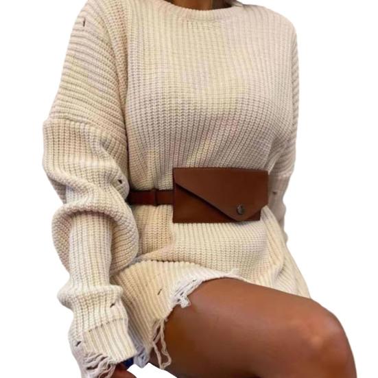 Women Sweater Three-Dimensional Tailoring Loose Fit Soft Knitted Sweater O-Neck Long Sleeve Ripped Holes Mid-length Tops