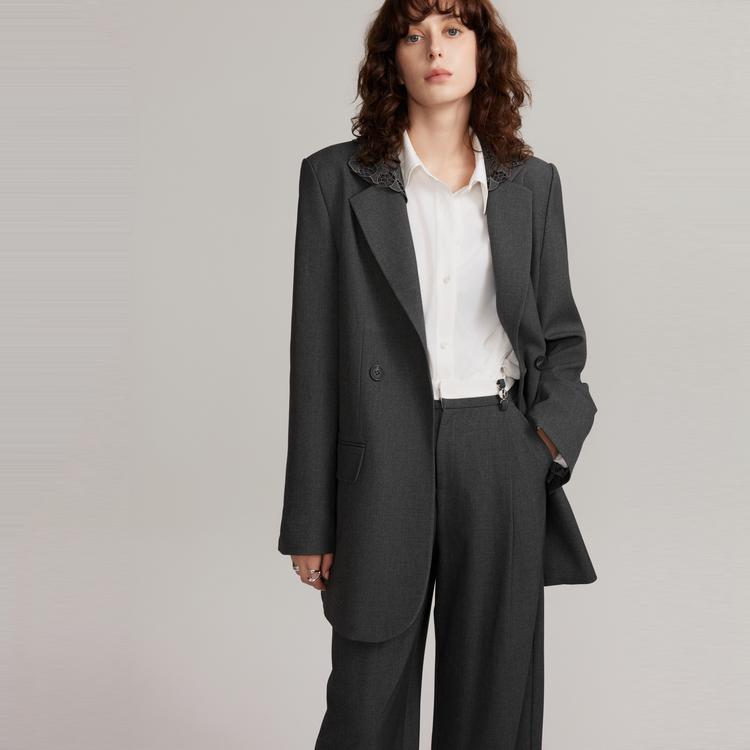 Elle Hollow Embroidered Loose Solid Color One-Button Blazer Women blazer Dark-Gray EX49679