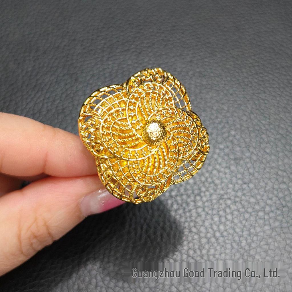 Dubai 24k Gold Filigree Flower Ring - Women's Wedding Jewelry for Global Elegance