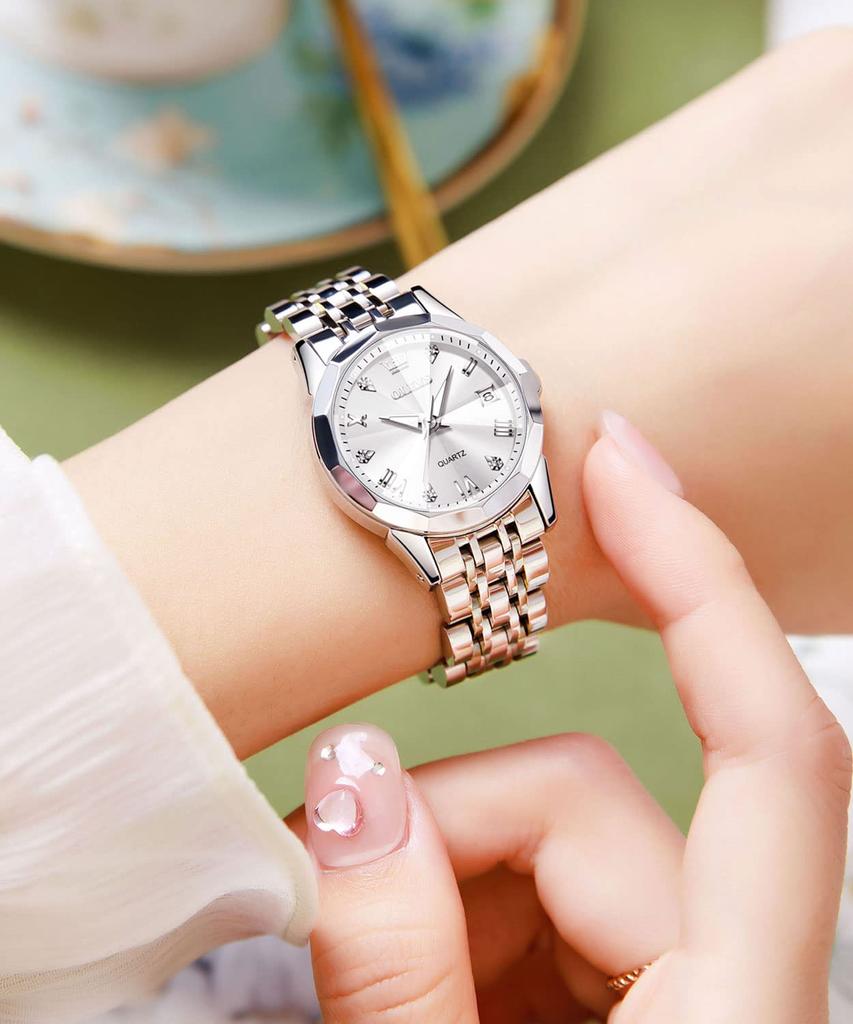 OLEVS Analog Quartz 30M Water Date Silver Stainless Steel Roman White Small Size Women's Watch, Resistant, Display, Band, Numerals, Dial,