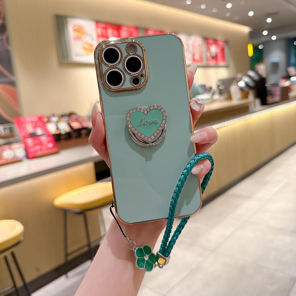 Luxury Wrist Strap Love Heart Stand Plating Camera Lens Protect Bumper Phone Case For iPhone 17 Air 16 15 14 Plus 13 12 11 Pro Max SE Girls Cute Cover