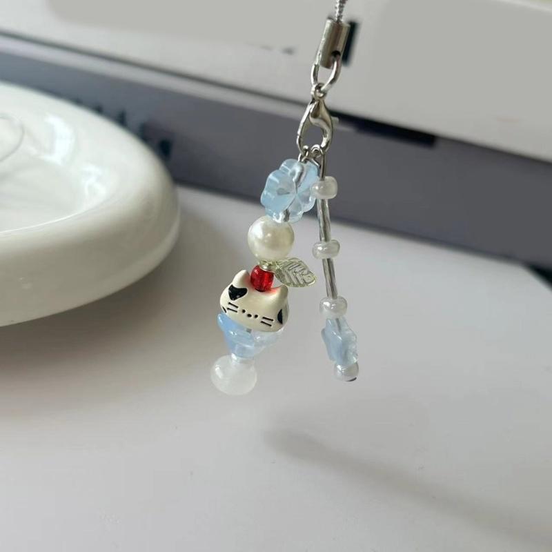 Kitten Bead String Phone Pendant Stylish Feline Beaded Phone Tassels Practical Acrylic Key Holder Phone Accessory