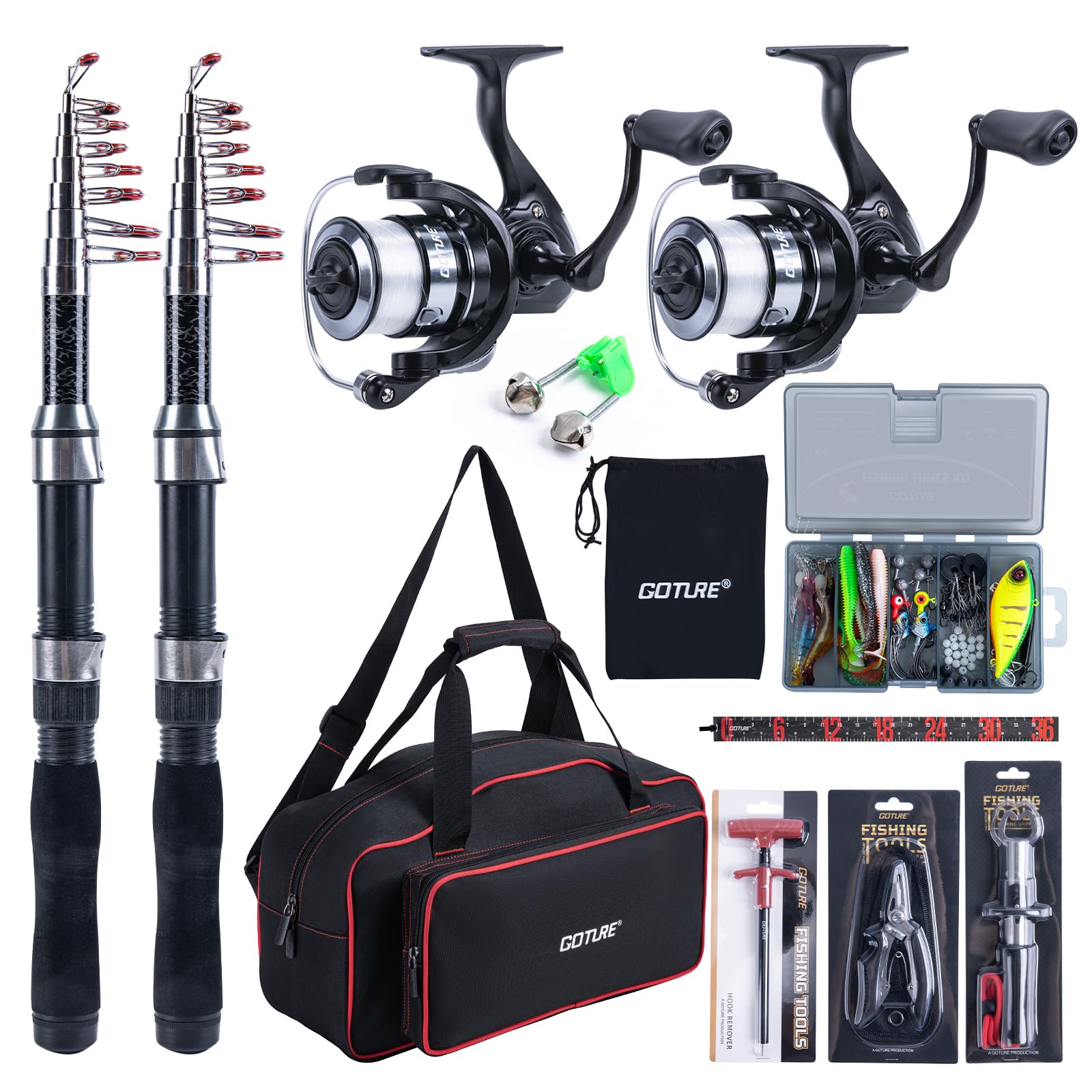 

Goture Fishing Black and Red Includes Two Carbon Telescopic Fishing Two Spinning Reels with Bait and Fishing Power Fish Fishing and Includes a Casting