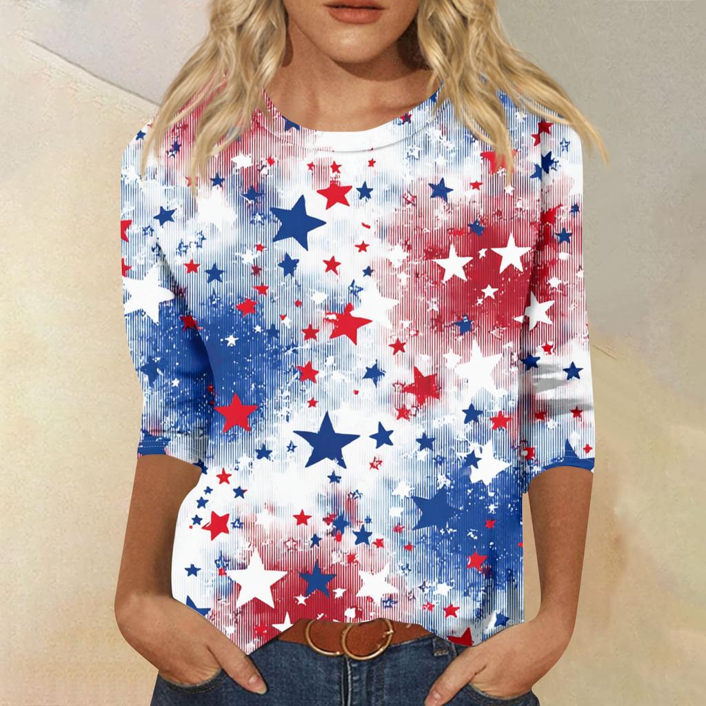 Women's Fashion Casual Seven-Sleeve Independence Day Print Round Neck Top