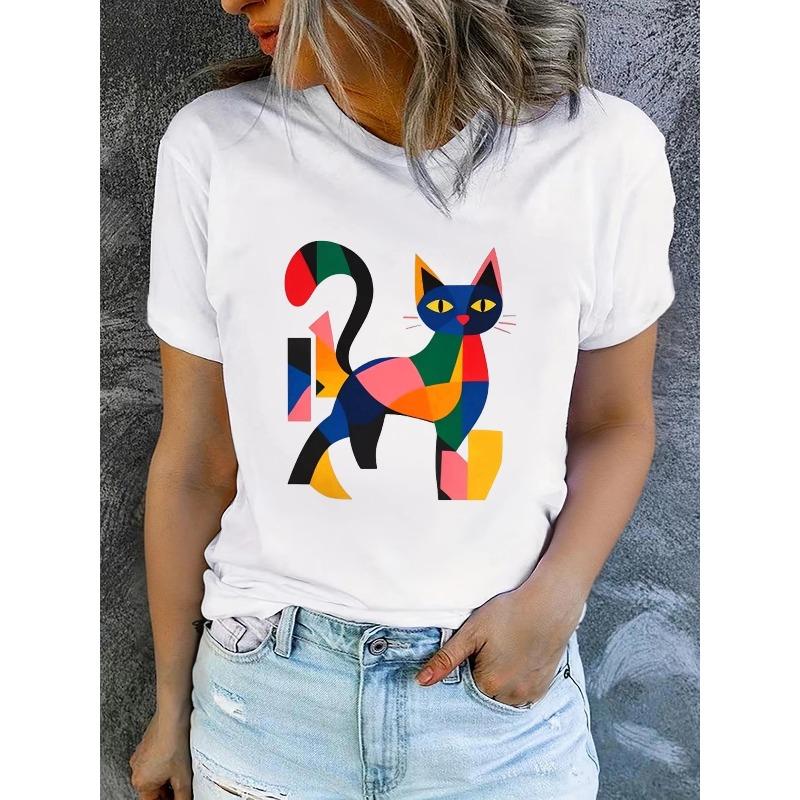 Women's Summer Short-Sleeve Printed T-Shirts, Fashionable and Casual, Machine-Washable Comfortable Fit 2D Flat Printing, 2D Flat