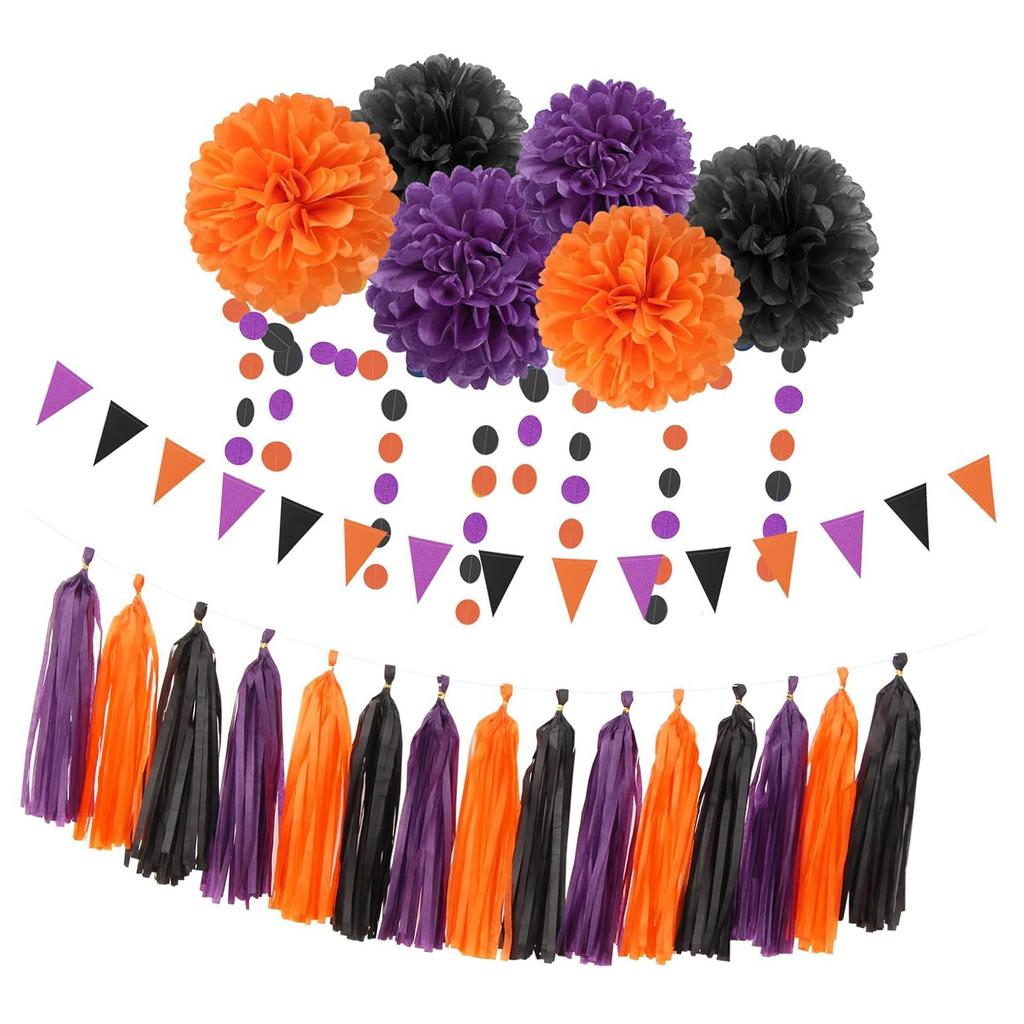 Halloween Tissue Paper Pompoms Set with Tassels Assorted Sizes Decorations for Indoor and Outdoor Use Party Supplies
