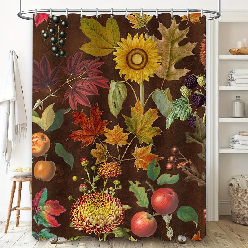 Fall Shower Curtain Decor Autumn Leaves Fruits Print Waterproof Fabric Home Decoration Bathroom Decorations For Bathrooms (Brown