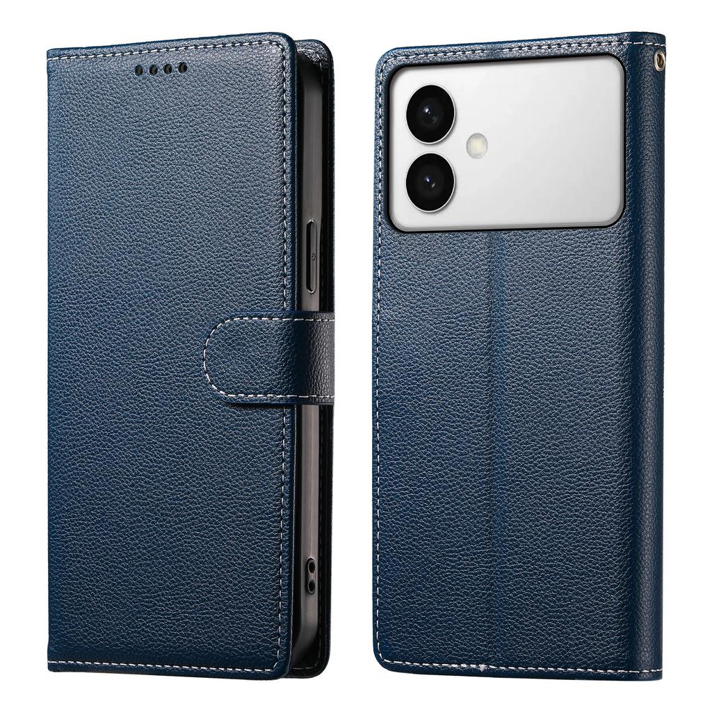 For Samsung Galaxy S26 Edge Case Magnetic Snap Litchi Texture Leather Wallet Phone Cover with Wrist Strap