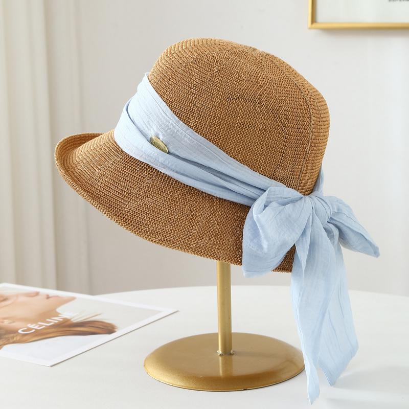 Adult Women's Knitted Fisherman Bucket Hat with Long Ribbon Bow Windproof Spring Summer Autumn Fashion Accessory