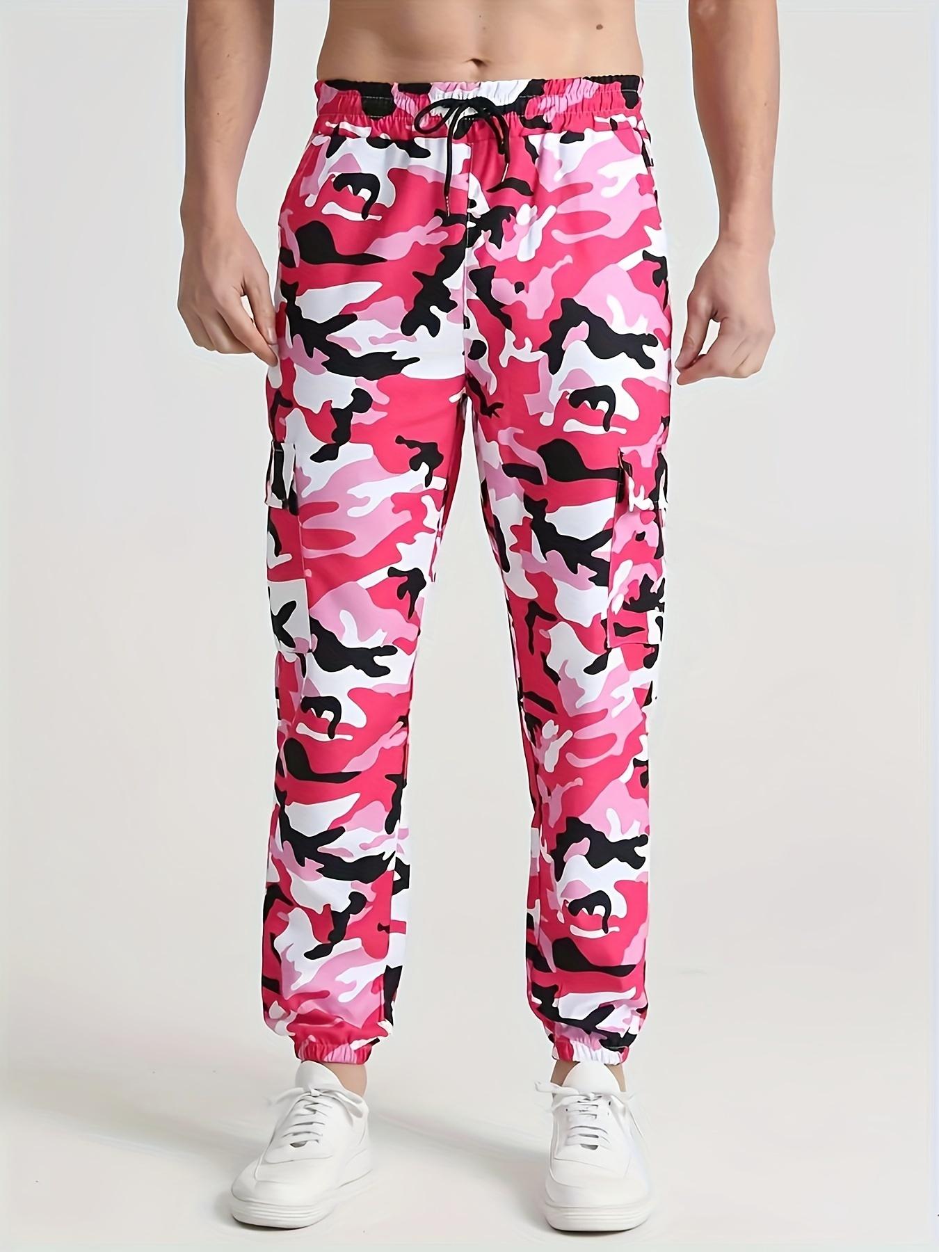 

Чоловічі стильні, зручні штани для бігу з камуфляжним візерунком, кишенями, приталені штани на зав’язках із зав’язкою для піших прогулянок, велосипедних прогулянок на відкритому повітрі. XXL рожевий