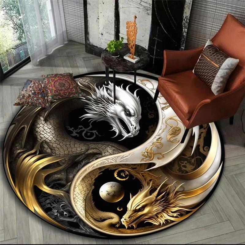 Mytická zvířata kulatý koberec – tygr, drak, lev se stromem života, fantasy koberec do obývacího pokoje, ložnice nebo meditačního prostoru