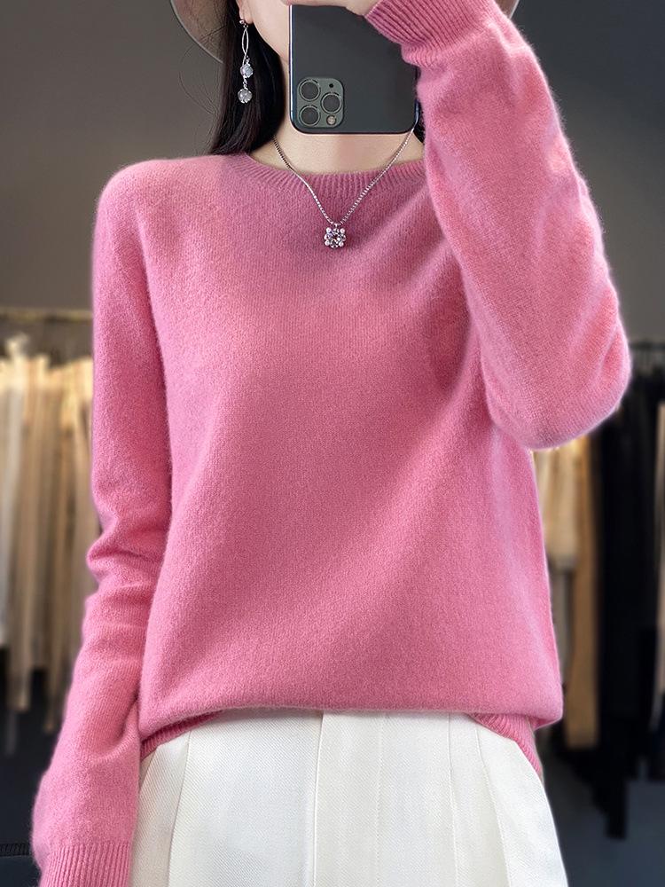 Women's 100% Wool Round Neck Sweater – Casual, Loose Knitwear, Minimalist Base Layer