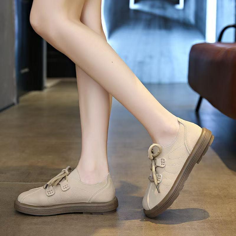 College Style Flat-soled Small Leather Shoes Women's Lace-up Versatile Big Head Round Head Single Shoes Autumn New Student Casual Shoes