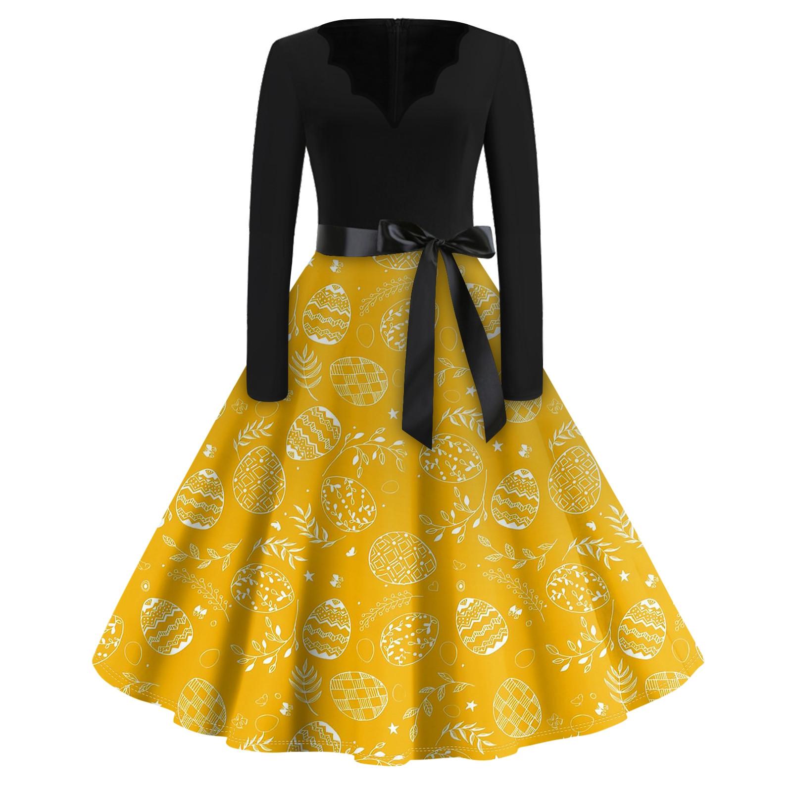 

Женская мода с v-образным вырезом, повседневные тонкие пасхальные платья с длинным рукавом и принтом XL жёлтый