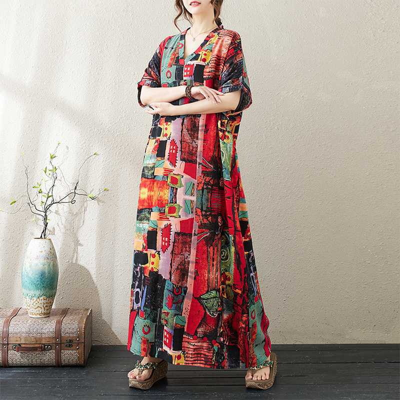 Summer Cotton and Linen Printed Loose and Simple Long Skirt for Women