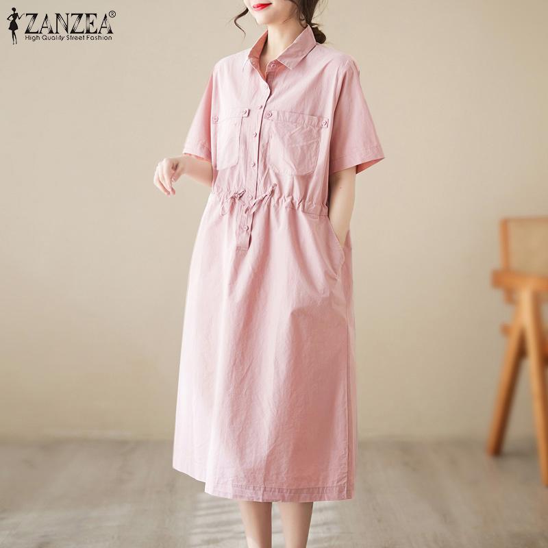 

ZANZEA Женское повседневное летнее платье-рубашка с отложным воротником и коротким рукавом