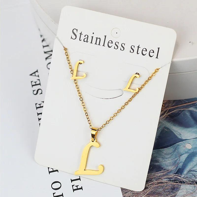 Stainless Steel Letter Necklace Bracelet Earring Zircon Set for Women Alphabet Pendant Necklace Party Gift
