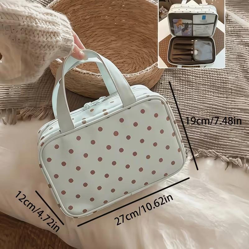 Womens Mint Green Polka Dot Makeup Bag 3-Tier Organizer Portable Large Capacity Travel Toiletry Case With Zip