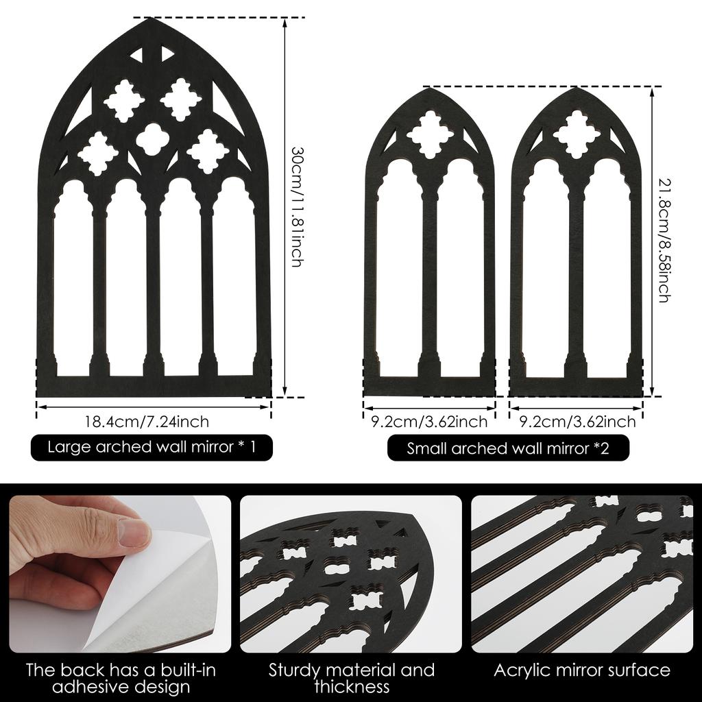 3Pcs Arched Window Wall Mirror Set Gothic Wall Mirror Decor Cathedral Arched Mirror Decor Self-Adhesive Arched Wall Mirror