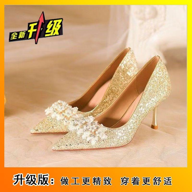 Beautiful high-end golden crystal high-heeled shoes women's 2025 new Hexiu wedding dress two wear