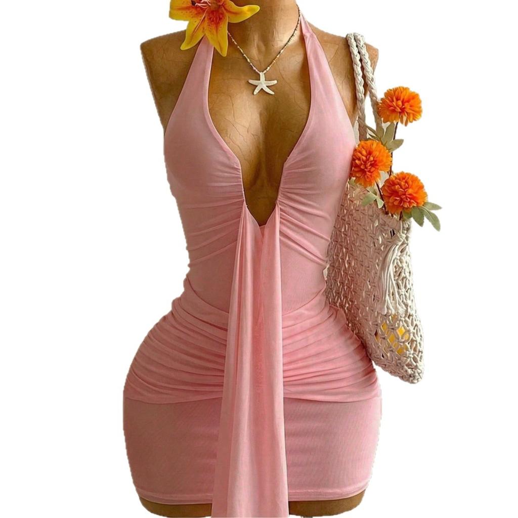 2026 summer European and American style new neck deep short skirt temperament Spice Girl backless pleated solid color dress women's clothing