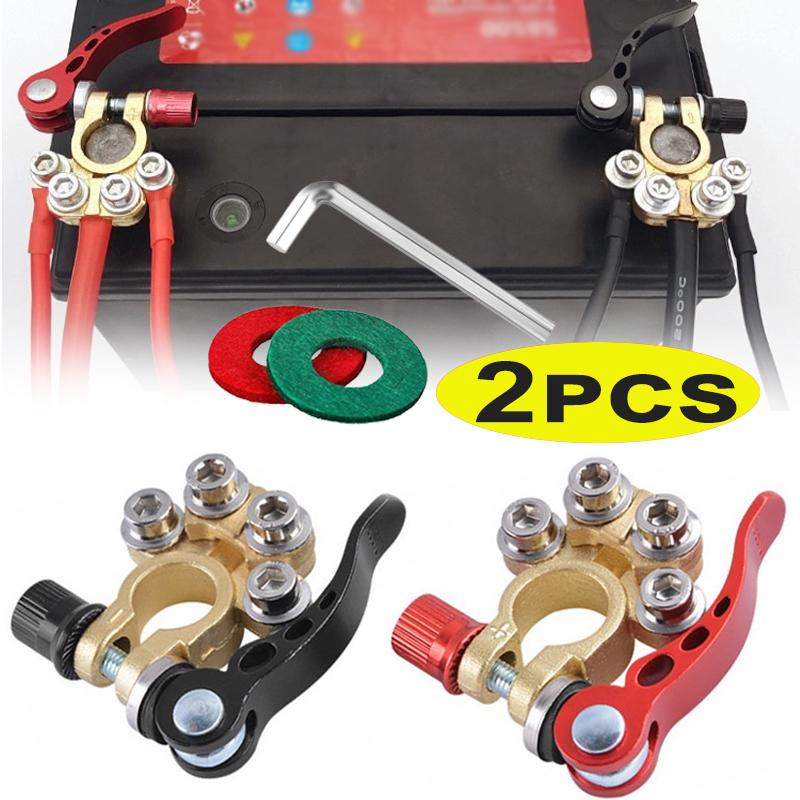 2Pcs Pure Copper Clamp Car Battery Terminal Connectors Quick Release Disconnect Battery Terminals 12V 24V Wire Cable Connection
