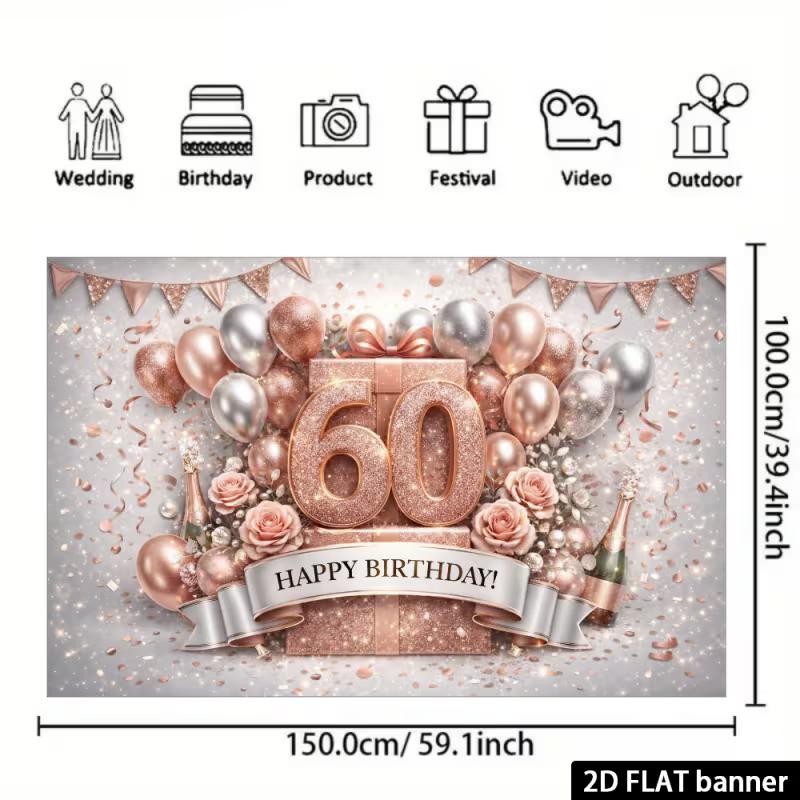 Sfondo 2D Oro Rosa per 60° Compleanno con Fiori & Scatola Regalo Striscione per Festa