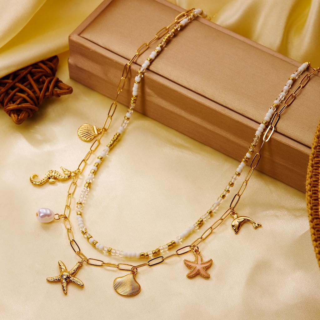 Fashion Shell Mermaid Tail Heishi Beads Clavicle Necklace for Women Multilayer Starfish Seahorse Chain Beach Jewelry Gift