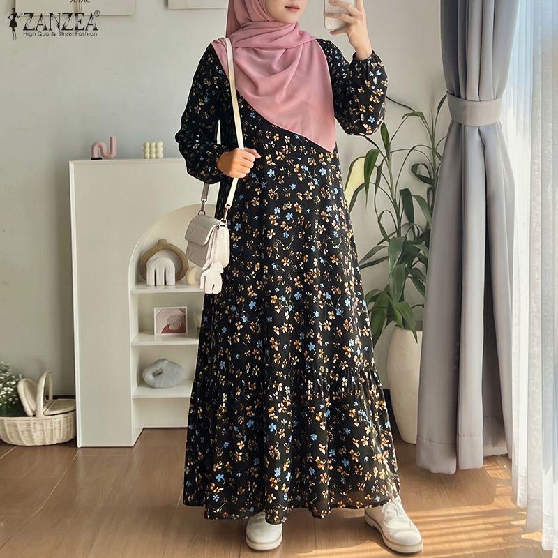 ZANZEA Vestito da Donna Casual Girocollo Ampio Manica Lunga Stampa Floreale