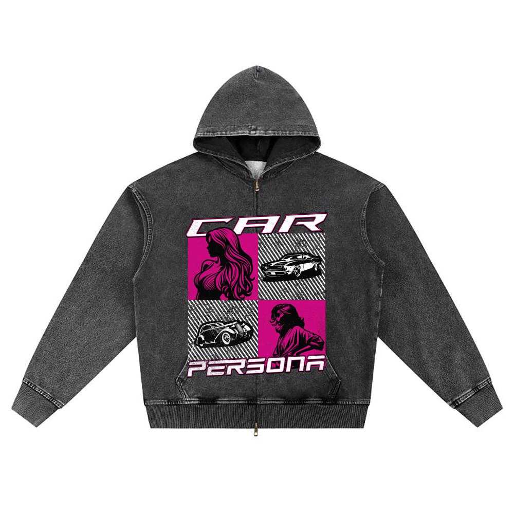 DTG print Knitted Denim Zip-Up Hoodie Car Persona Brother Print Zipper Hoodies  