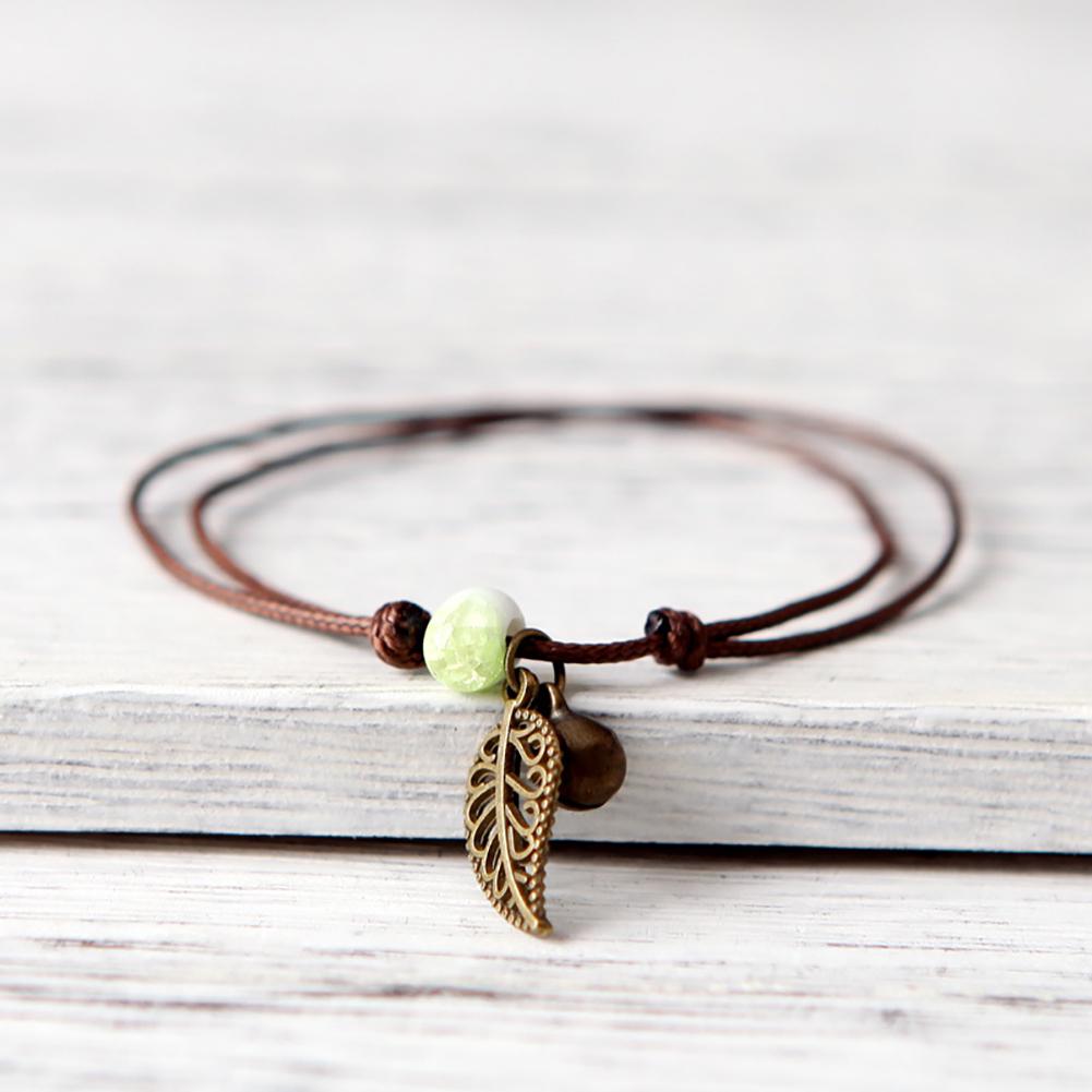 Ceramic Beaded Bracelet Bangle Rope Chain Vintage Leaf Pendant Couple Jewelry