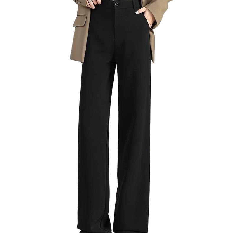 Women's Autumn/Winter 2025 Black Wide-Leg Straight Suit Pants with Fleece Lining