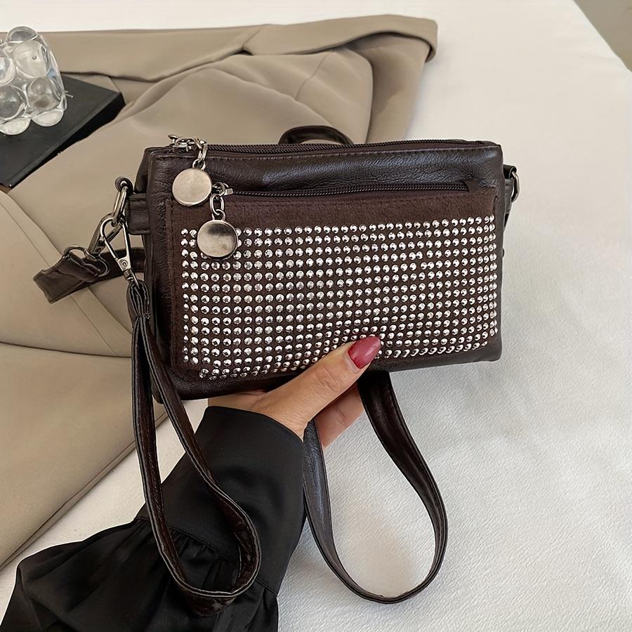 Rhinestone-Studded Shoulder Bags for Women Zip Closure Trendy Small Square Ladies Clutch Bag Small Crossbody Bags for Women