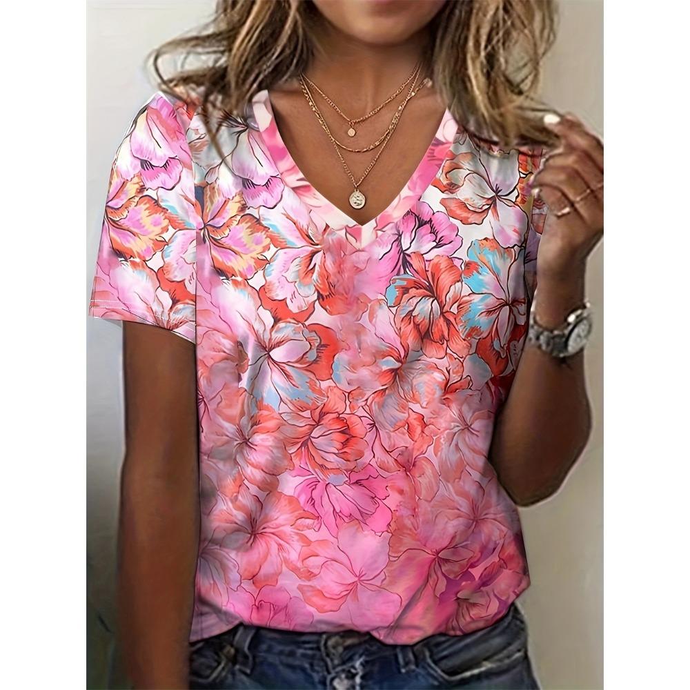 Summer large women's T-shirt fashionable blue flower print casual elegant V-neck T-shirt daily comfortable women's T-shirt