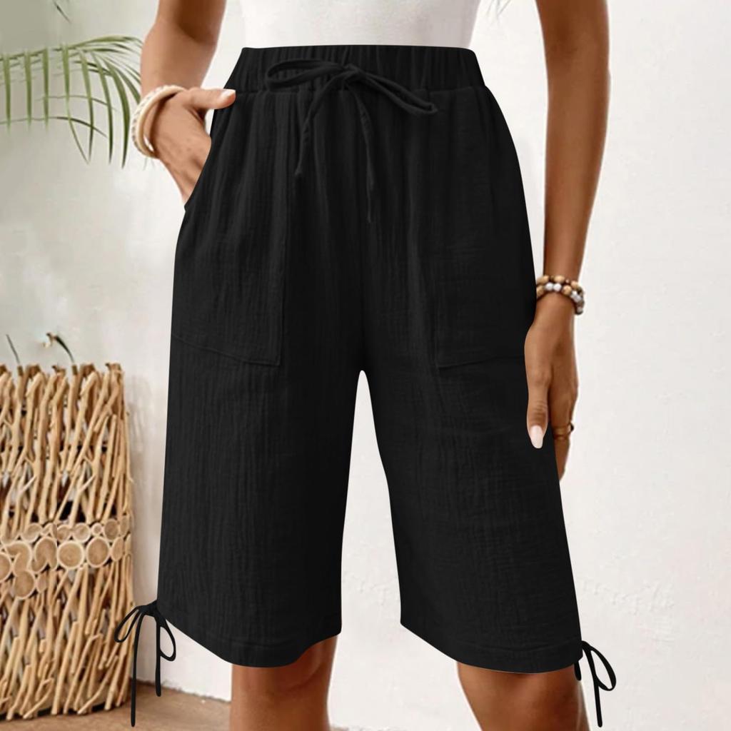 Women's Fashionable Color Elastic Waist Pocket Casual Loose Cotton And Linen Five Quarter Shorts
