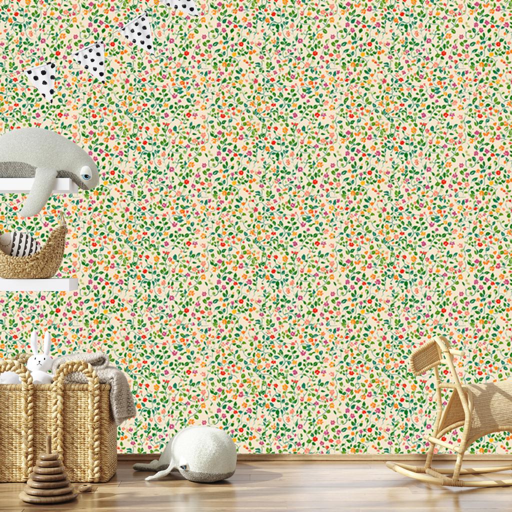 Wallpaper Small Flowers Cream, Beige, Lime and Green 50x1000
