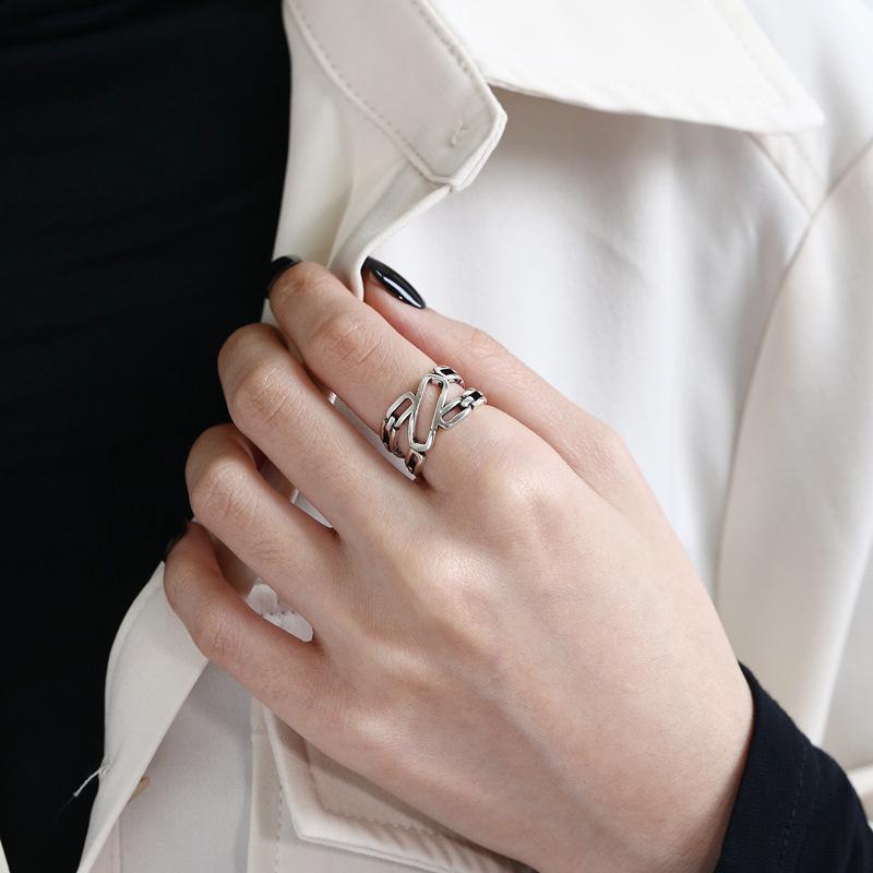 Retro Blackened S925 Sterling Silver Thai Hollowed-Out Ring for Women - High-End European Style