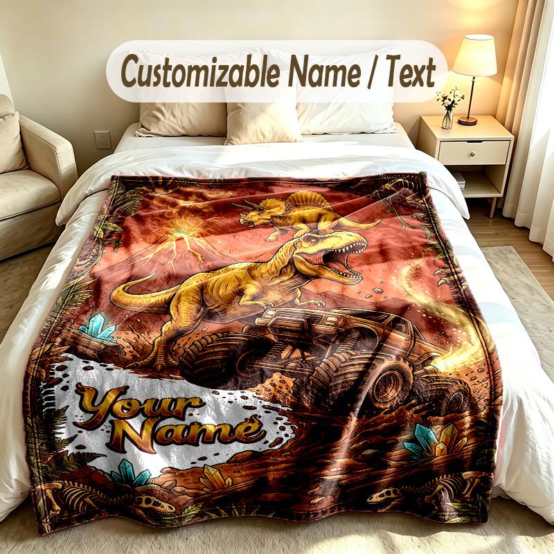 Dinosaur Theme Custom Blanket Personalized Name & Text Customized Soft Warm Throw Blanket Home Decor