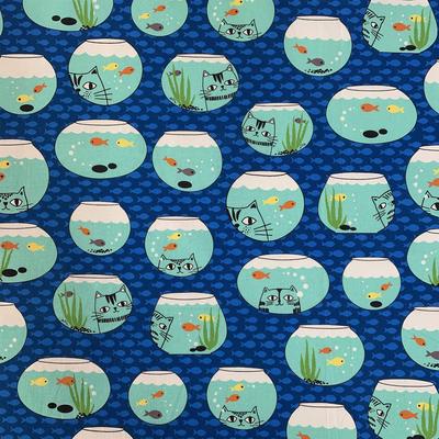 Baumwolle Handgefertigt Stoff Digitaldruck Blumenmuster Handwerk Baumwollmaterial und 100% (Fisch Katze) (Blau 1M)