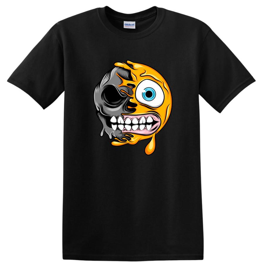 Funny Skull Smiley Face T Shirt Graphic Tee for Halloween Party or Casual Wear