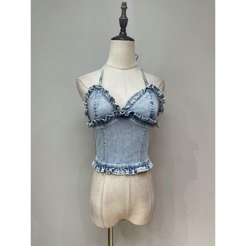 2025 Summer New Arrival Sexy Street Summer Standard Halter Lace-up Denim Camisole Top