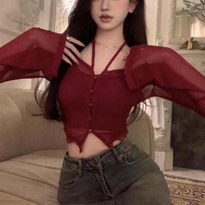 Hängender Hals Dünnes Sonnenschutzhemd Frauen Sexy Spicy Girl Kurze Strickjacke Einfarbig Schlankes Langarmhemd