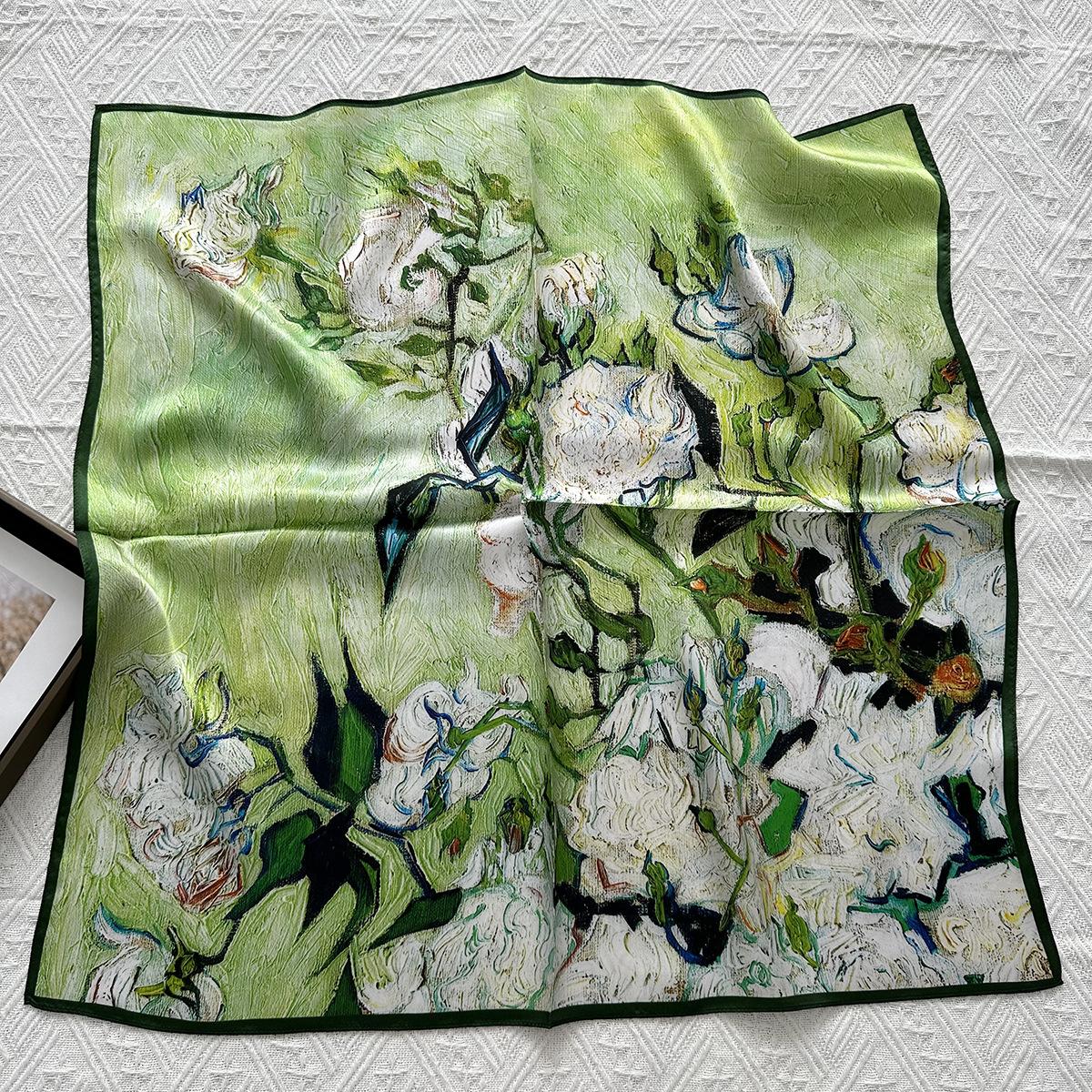 White Rose Fashion Printed Silk 70 Small Square Scarf Female Spring and Autumn Fairy Wind Neck Protection Silk Scarf Small Scarf 68*68cm